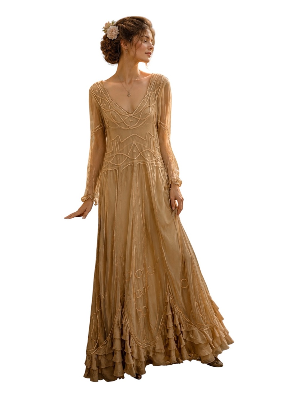 Nataya Age of Love NWT Victorian Mesh Maxi Dress Beige Size S Boho Romantic